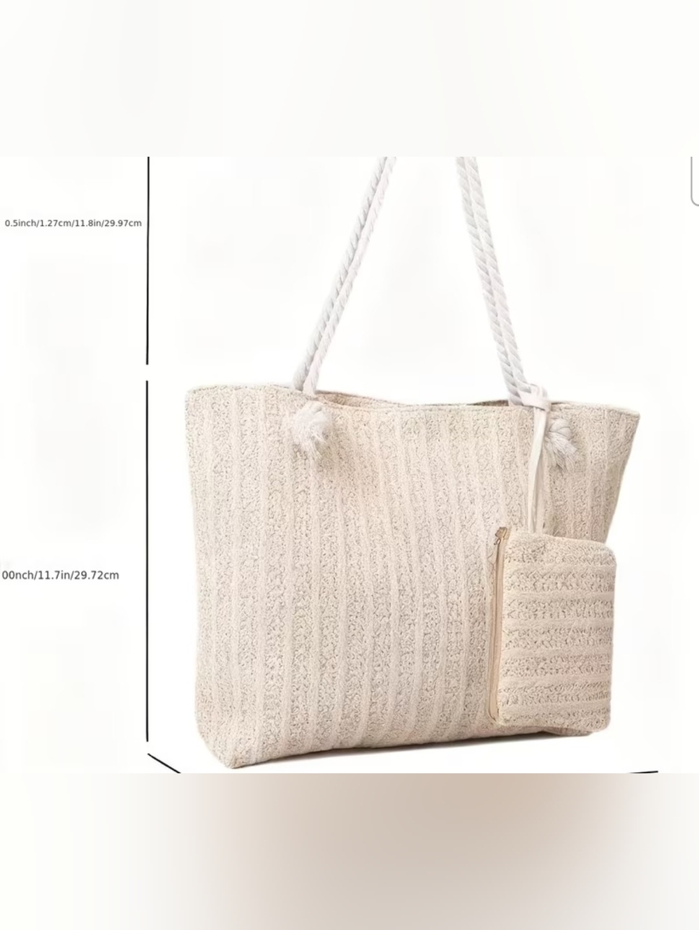 Neutral Woven Tote Bag with Matching Pouch - Cream - Picture 3 of 4